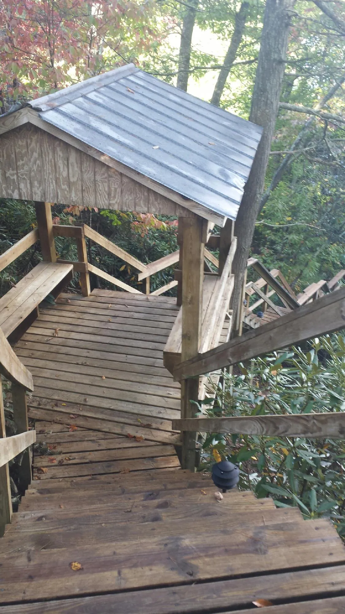 Metal roofed shelter over wooden steps on a wooded walkway — Skylight Repair & Installation work by our crew in Claymont